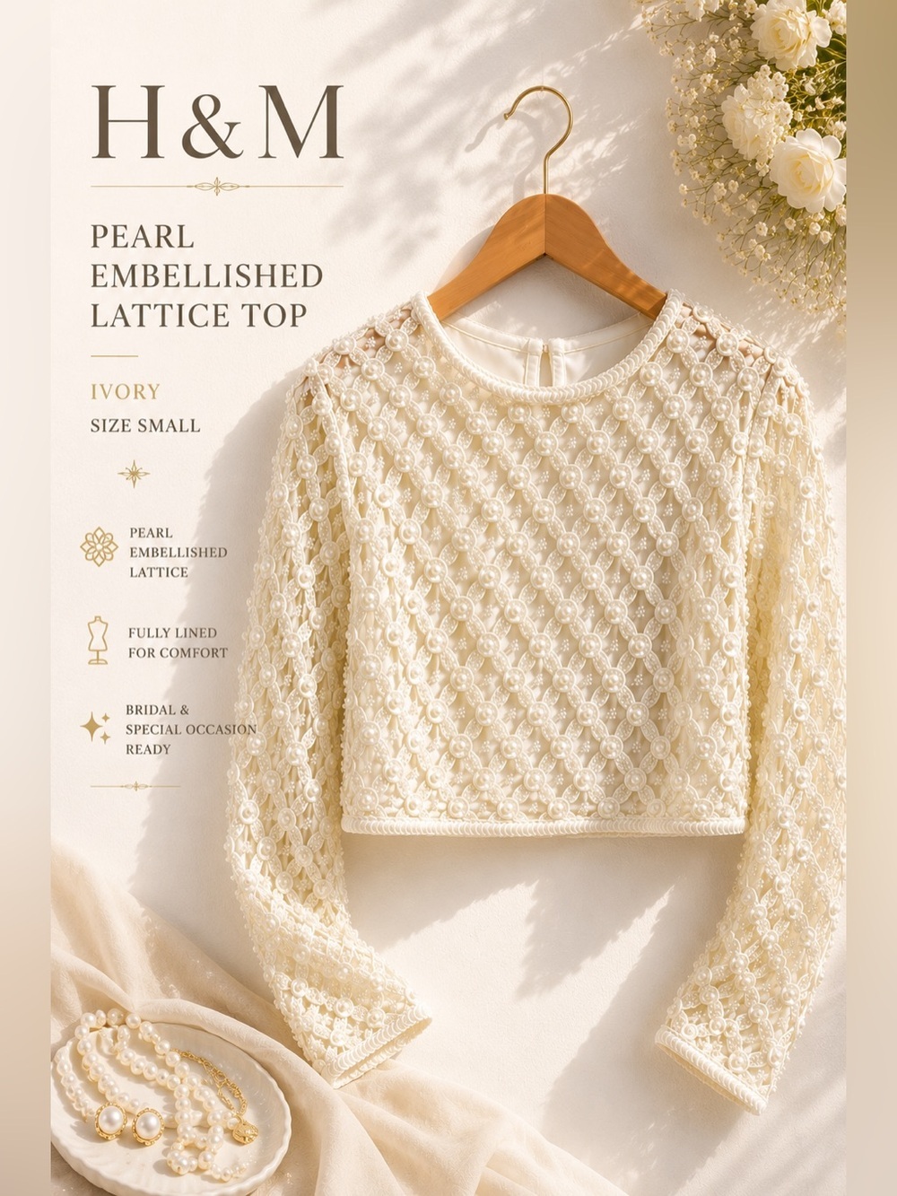 H&M Pearl Embellished Lattice Crop Top Ivory Long Sleeve Size S